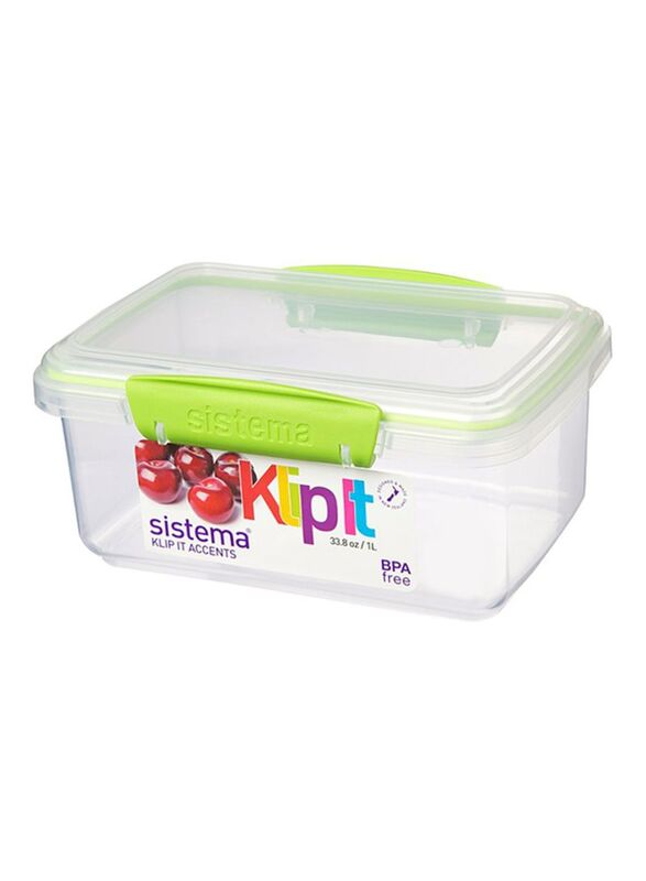 Sistema Klip It Accents Rectangular Food Container, 1L, Green/Clear