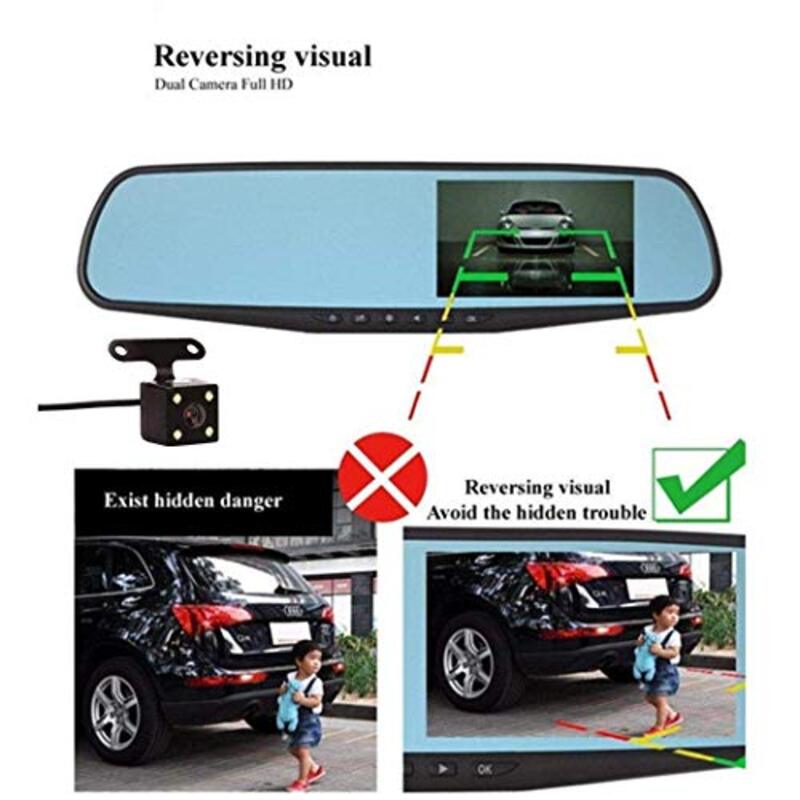 170 Wide Angle Front and Rear Mirror Car Dashboard Camera With G-Sensor Loop Recording, Black