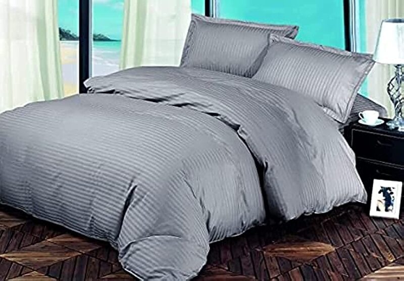umeema Soft Cotton Striped Duvet Cover Set, Fitted Bedsheet with Pillowcases, 6 Pieces, King Size ( Grey 220x240cm)