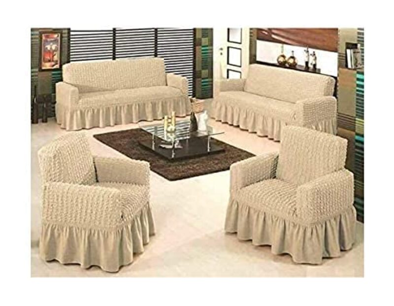Jacquard Turkish Stretchable Couch Cover Set, 4 Pieces, Beige