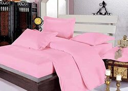 umeema Soft Cotton Striped Duvet Cover Set, Fitted Bedsheet with Pillowcases, 6 Pieces, King Size ( Pink 220x240cm)