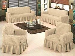 Jacquard Turkish Stretchable Couch Cover Set, 4 Pieces, Beige