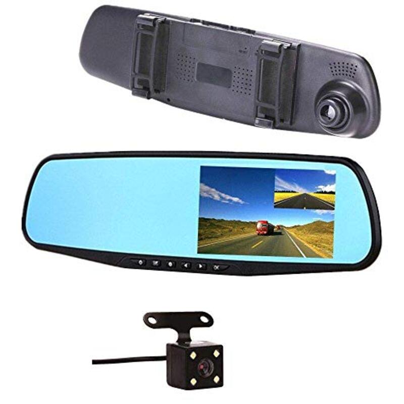 170 Wide Angle Front and Rear Mirror Car Dashboard Camera With G-Sensor Loop Recording, Black