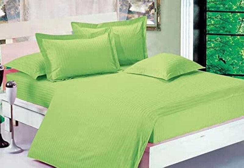 umeema Soft Cotton Striped Duvet Cover Set, Fitted Bedsheet with Pillowcases, 6 Pieces, King Size ( Green 220x240cm)
