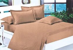umeema Soft Cotton Striped Duvet Cover Set, Fitted Bedsheet with Pillowcases, 6 Pieces, King Size ( Brown 220x240cm)
