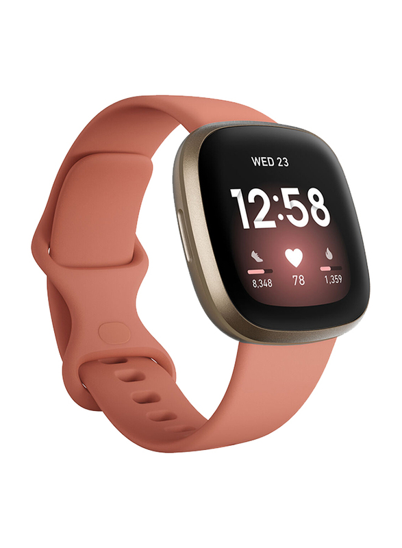 Fitbit Versa 3 Smartwatch, GPS, Soft Gold Aluminium Case with Pink Clay Band