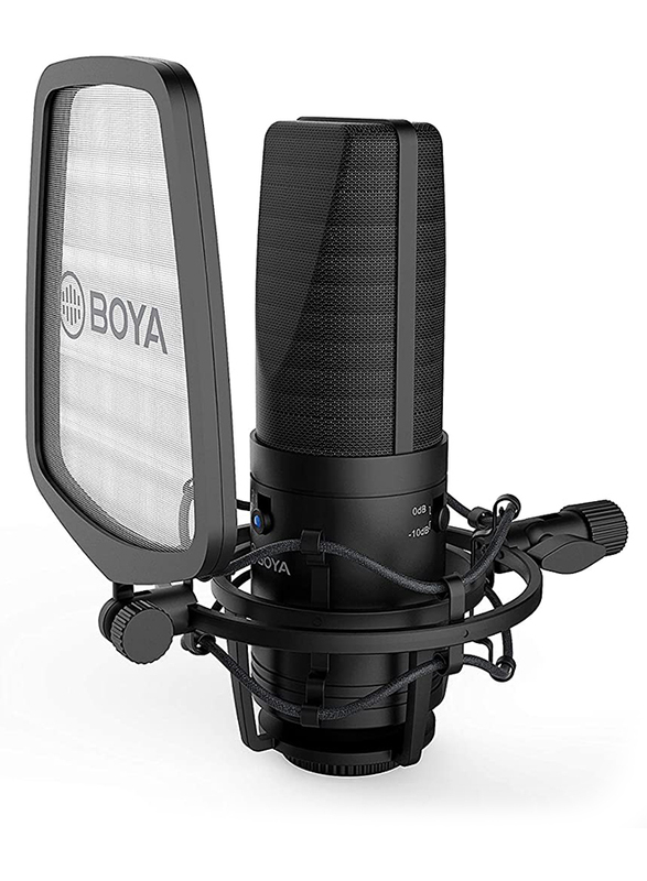 Boya BY-M1000 Professional Large Diaphragm Condenser Microphone Podcast Mic Kit Support Cardioid Omnidirectional Bidirectional with Double-layer Pop Filter Shock Mount XLR Cable Singer Vocals, Black