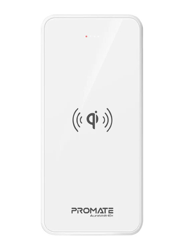 Promate 10000mAh Auravolt 10+ Qi Wireless Fast Charging Power Bank with Micro-USB Input and USB Type-C Input, White