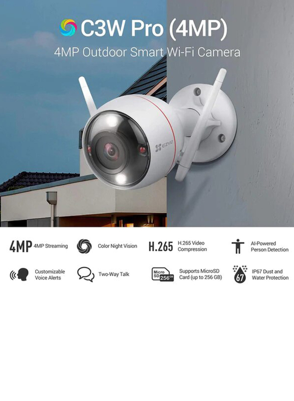 Ezviz Pro Super HD Smart Home Outdoor Security Camera, 4 MP, CS-C3W-A0-1F4WFL, White