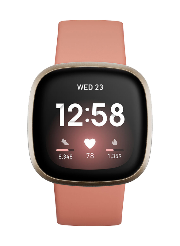 Fitbit Versa 3 Smartwatch, GPS, Soft Gold Aluminium Case with Pink Clay Band