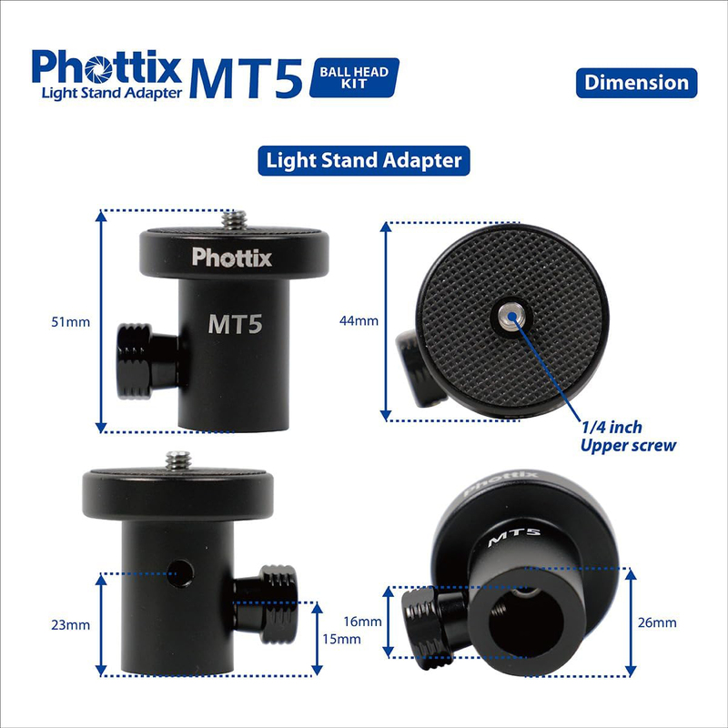 Phottix MT5 Light Stand Adapter & Ballhead Kit for Cameras, Black