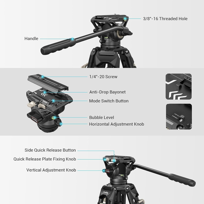 SmallRig 73 Inch Video Tripod, Max Load 8kg, Heavy Duty Tripod with 360 Degree Fluid Head & Quick Release Plate for DJI RS2, Camcorder & Cameras, 3751, Black