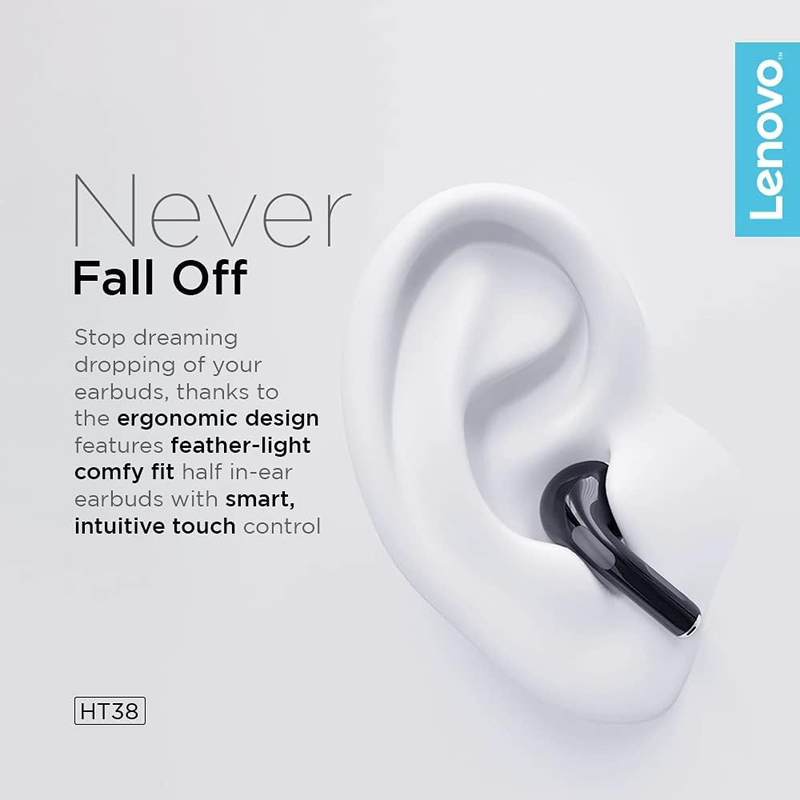 Lenovo True Wireless Bluetooth Stereo Half In-Ear Earphones, HT38, Black