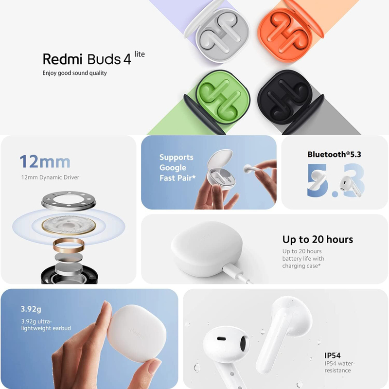 Xiaomi 5.3 Bluetooth Redmi Buds 4 Lite TWS Wireless Earbuds with Low-Latency Game Headset, IP54 Waterproof, 20H Playtime & Lightweight Comfort Fit, White