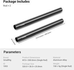 SmallRig 15mm Aluminum Alloy Rod M12-30cm, 1053, 2 Pieces, Black