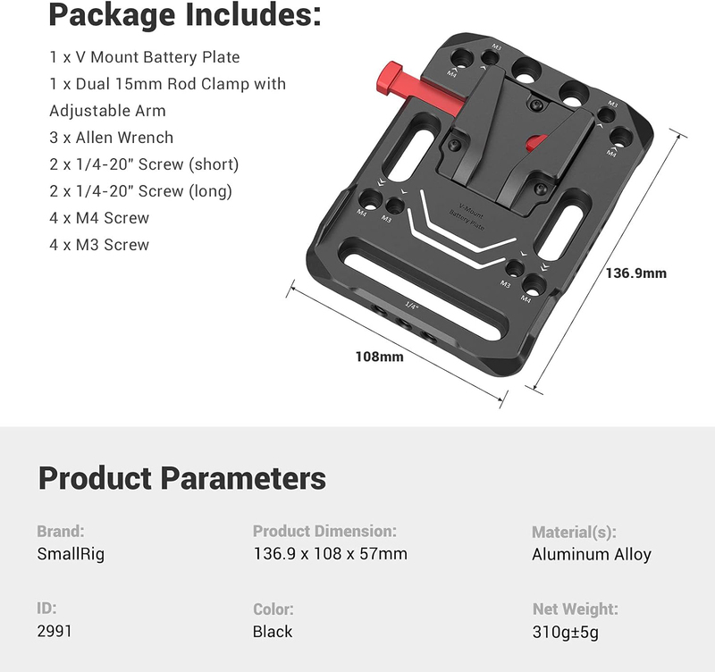 SmallRig V Mount Battery Plate, V-Lock Mount Battery Plate with 15mm Rod Clamp & Adjustable Arm for Power Supply, Black