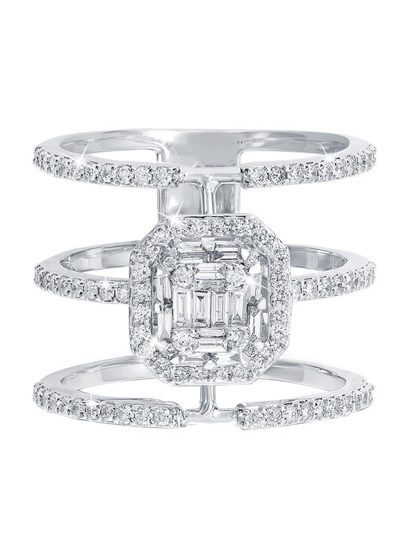 Liali Jewellery Emerald Cut 18K White Gold Three Line Fashion Ring for Women with 0.7ct Diamond Stone, White, US 7