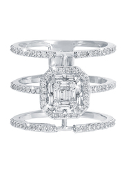 Liali Jewellery Emerald Cut 18K White Gold Three Line Fashion Ring for Women with 0.7ct Diamond Stone, White, US 7