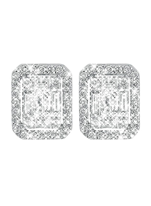 Liali Jewellery Emerald Cut 18K White Gold Stud Earrings for Women with 72 Diamond, 1 Carat Look, Silver