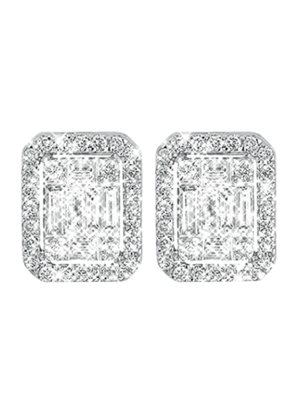 Liali Jewellery Emerald Cut 18K White Gold Stud Earrings for Women with 72 Diamond, 0.5 Carat Look, Silver