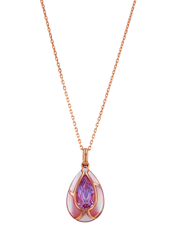 Liali Jewellery 18K Rose Gold Love Drop Chain Necklace for Women with Pendant in Amethyst Stone, with Mother-of-Pearl Elements and Diamonds, Rose Gold
