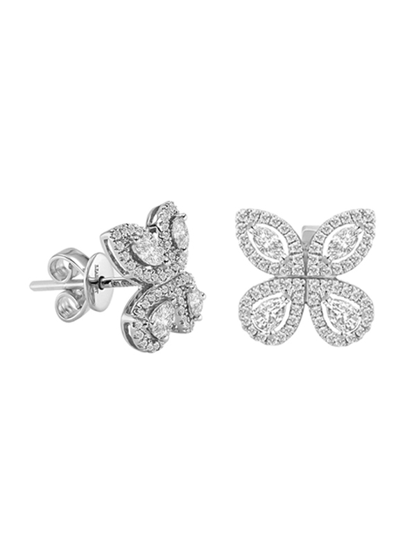 Liali Jewellery Red Carpet Butterfly 18K White Gold Stud Earrings for Women with 128 Diamond, Silver
