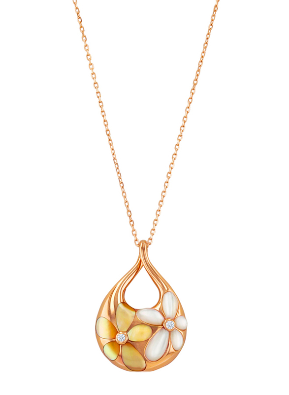 Liali Jewellery 18K Rose Gold Chain Necklace for Women with Dream Floral Pendant in Elements of Mother-of-Pearl, with 0.03ct 2 Diamonds, Rose Gold