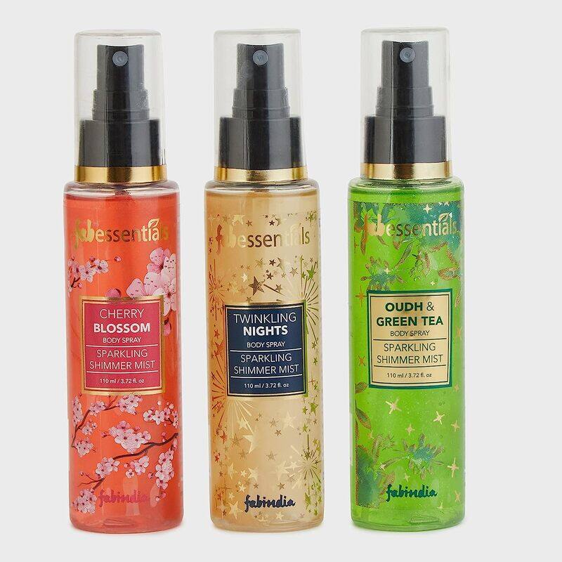 

Fabessentials Fabindia 3-Piece Irresistibly Dewy & Delicate Gift Set for Women, Twinkling Nights 110ml Body Spray, Oudh and Green Tea 110ml Body Spray