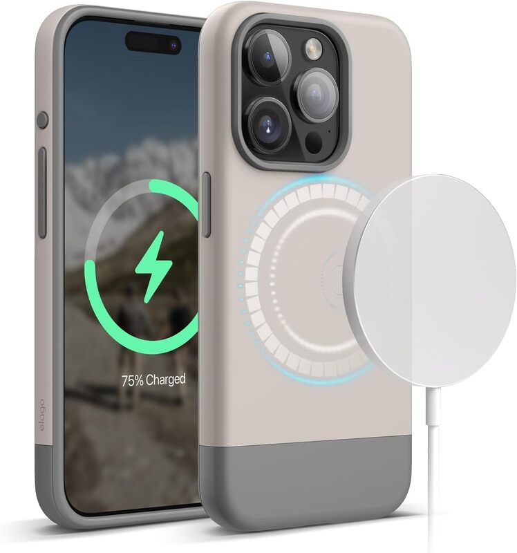 Elago Glide Magnetic for iPhone 15 Pro Case Cover Magsafe Compatible Slim Shockproof Full Body Protection - Stone & Medium Grey