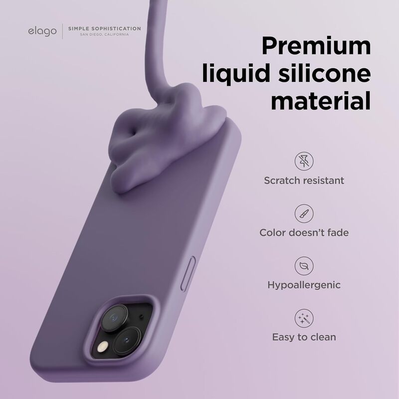 Elago Liquid Silicone for iPhone 15 Case Cover Full Body Protection, Shockproof, Slim, Anti-Scratch Soft Microfiber Lining - Deep Lavender