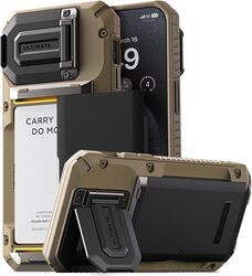 VRS Design Damda Glide Duo Guard for iPhone 15 Pro MAX case cover wallet (Semi Automatic) slider Credit card holder Slot (4 cards) & Camera lens Protector Kickstand - Khaki Groove