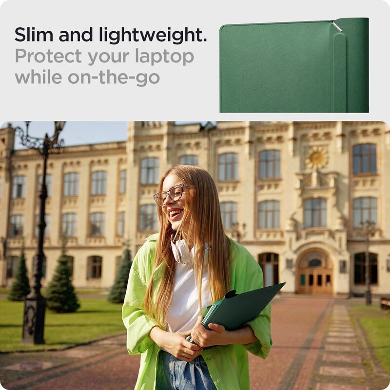 Spigen Laptop Sleeve Valentinus 13 14 inch, compatible with MacBook Pro, Built in Magnetic Flap, Leather Laptop Case, Laptop Pouch Bag - Jeju Green