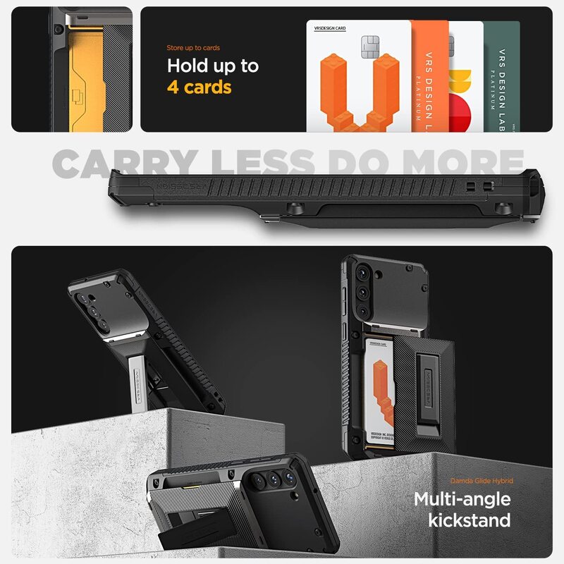 VRS Design Damda Glide Hybrid for Samsung Galaxy S23 Plus Case Cover Wallet (Semi Automatic) Slider Credit Card Holder Slot (3-4 Cards) & Kickstand - Black Groove