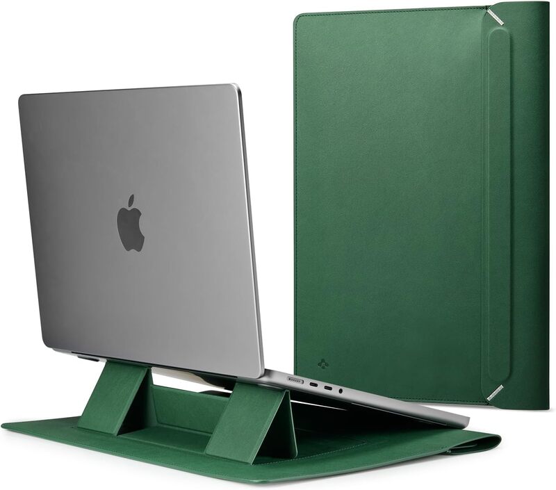 Spigen Laptop Sleeve Valentinus S 13 14 inch, compatible with MacBook Pro, Built in Magnetic Flap with (Foldable Stand) Leather Laptop Case, Laptop Pouch Bag - Jeju Green