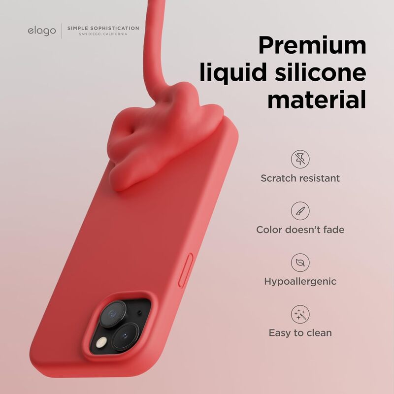 Elago Liquid Silicone for iPhone 15 Case Cover Full Body Protection, Shockproof, Slim, Anti-Scratch Soft Microfiber Lining - Red