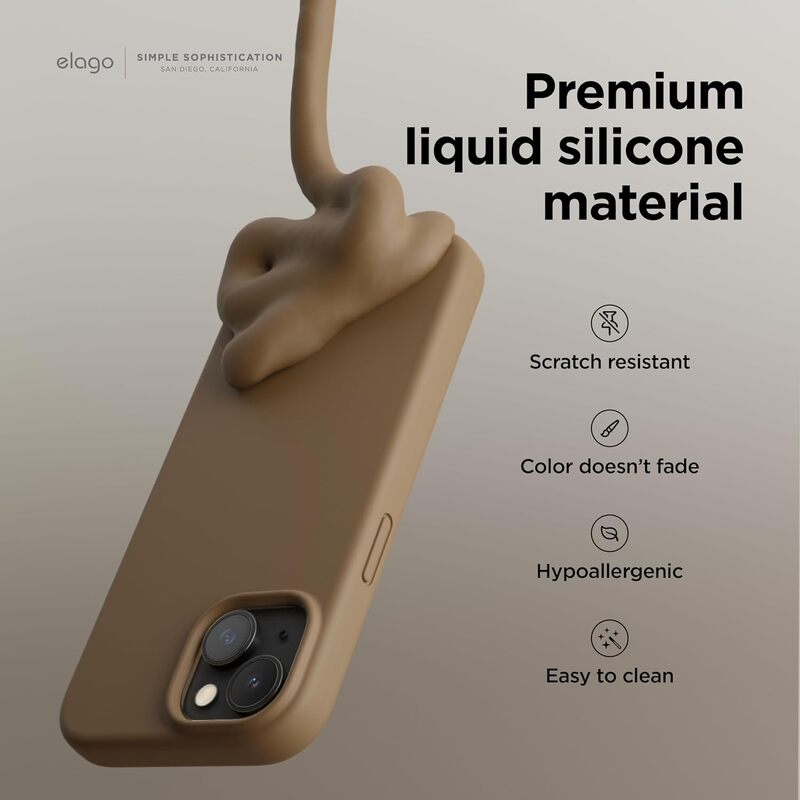 Elago Liquid Silicone for iPhone 15 Plus Case Cover Full Body Protection, Shockproof, Slim, Anti-Scratch Soft Microfiber Lining - Brown