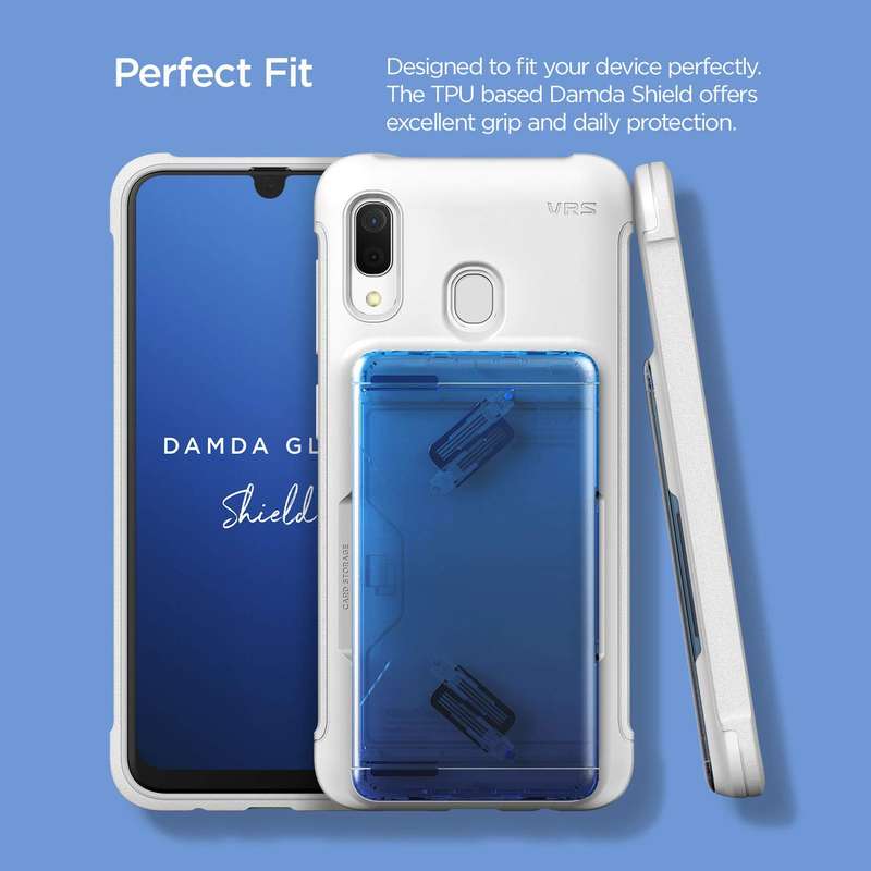 VRS Design Samsung Galaxy A30 Damda Glide Shield Semi Automatic Card Wallet Mobile Phone Case Cover, White/Blue/Black