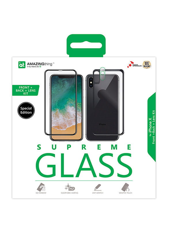 Amazing Thing Apple iPhone X Supreme Glass Special Edition Front and Back Tempered Glass Screen Protector, with Lens Protection, Black