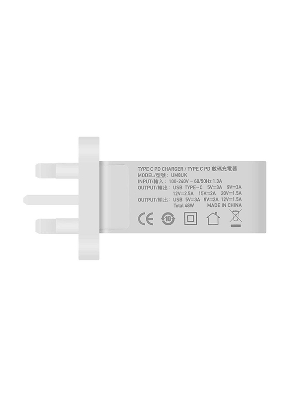Momax UM8 UK 48W Fast Wall Charger, One Plug 2 Ports USB-C Power Deliver, QC 3.0 USB Adapter, White