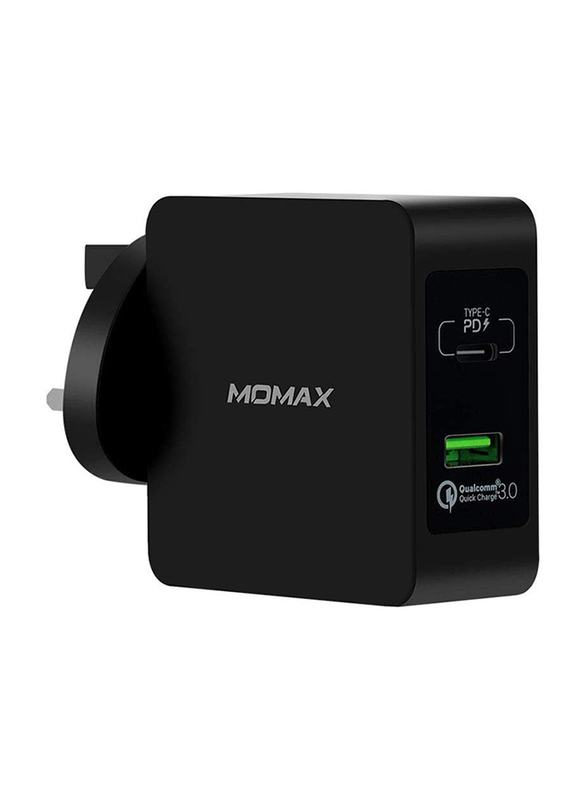 Momax UM8 UK 48W Fast Wall Charger, One Plug 2 Ports USB-C Power Deliver, QC 3.0 USB Adapter, Black
