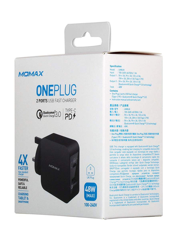 Momax UM8 UK 48W Fast Wall Charger, One Plug 2 Ports USB-C Power Deliver, QC 3.0 USB Adapter, Black