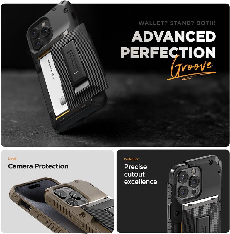 VRS Design Damda Glide Hybrid for iPhone 15 Pro MAX Case Cover Wallet (Semi Automatic) Slider Credit Card Holder Slot (3-4 Cards) and Kickstand - Black Groove