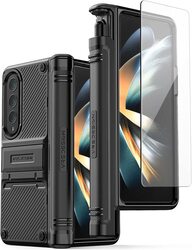 VRS Design Quick Stand Active S (S-Pen Compartment in Hinge Protection) for Samsung Galaxy Z Fold 4 Case Cover with Kickstand & Screen Protector- Matte Black (S-Pen NOT included)