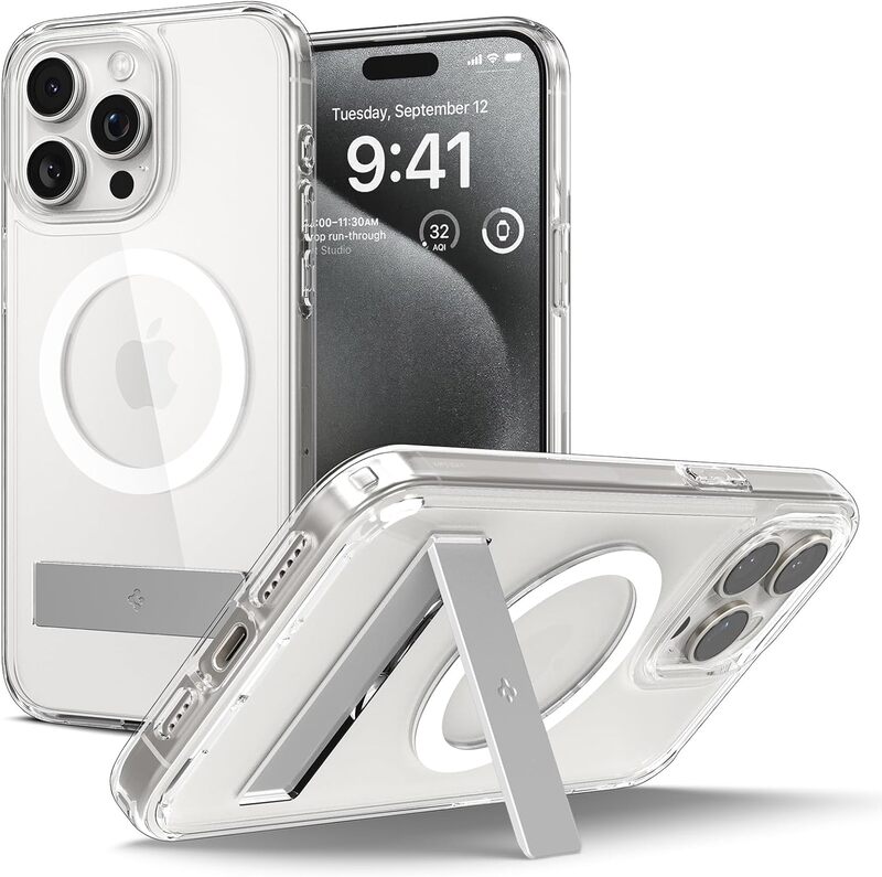 Spigen iPhone 15 Pro case cover Ultra Hybrid S MagFit with Kickstand MagSafe compatible - Crystal Clear