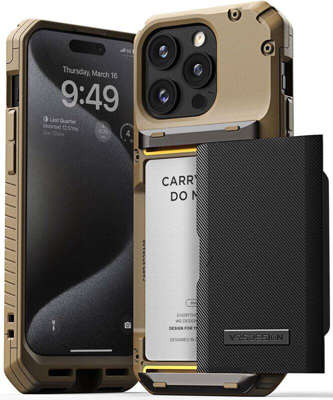 

VRS Design Damda Glide Pro for iPhone 15 Pro MAX Case Cover Wallet (Semi Automatic) Slider Credit Card Holder Slot (4 Cards) - Khaki Groove
