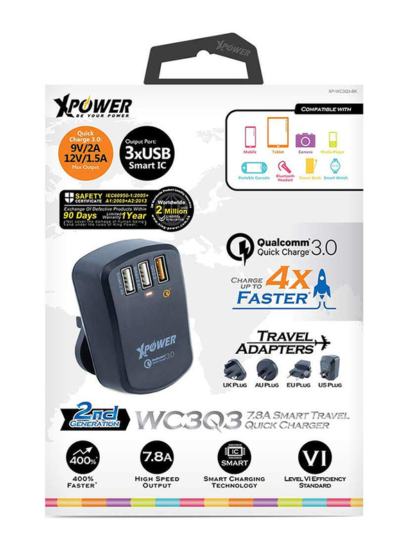 Xpower WC3Q3 Universal Wall Charger, Smart Travel Quick and 7.8A QC 3.0 USB 2.4A Fast Charge with Travel Adapters, Black