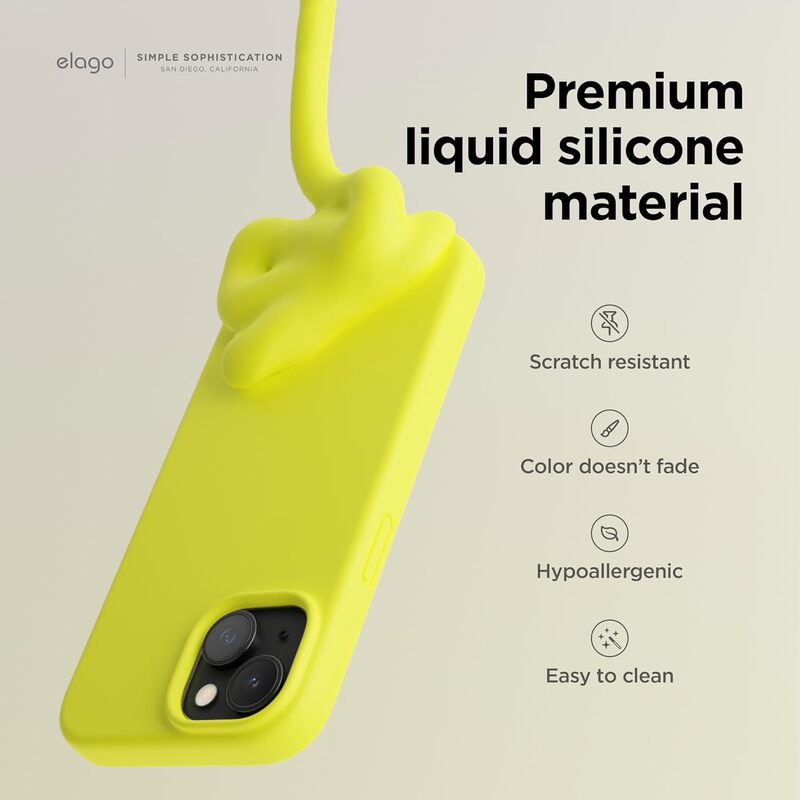 Elago Liquid Silicone for iPhone 15 Case Cover Full Body Protection, Shockproof, Slim, Anti-Scratch Soft Microfiber Lining - Neon Yellow