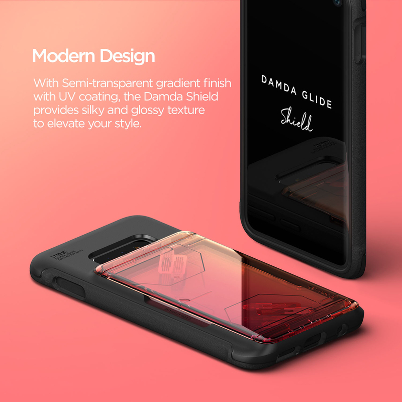 VRS Design Samsung Galaxy A30 Damda Glide Shield Semi Automatic Card Wallet Mobile Phone Case Cover, Solid Yellow/Peach
