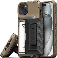 VRS Design Damda Glide Hybrid for iPhone 15 Case Cover Wallet (Semi Automatic) Slider Credit Card Holder Slot (3-4 Cards) and Kickstand - Khaki Groove