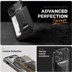 VRS Design Damda Glide Hybrid for iPhone 15 Case Cover Wallet (Semi Automatic) Slider Credit Card Holder Slot (3-4 Cards) and Kickstand - Khaki Groove